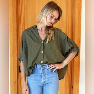 Emerson Fry Swiss Dot Moss Mandarin Collar Blouse- One size